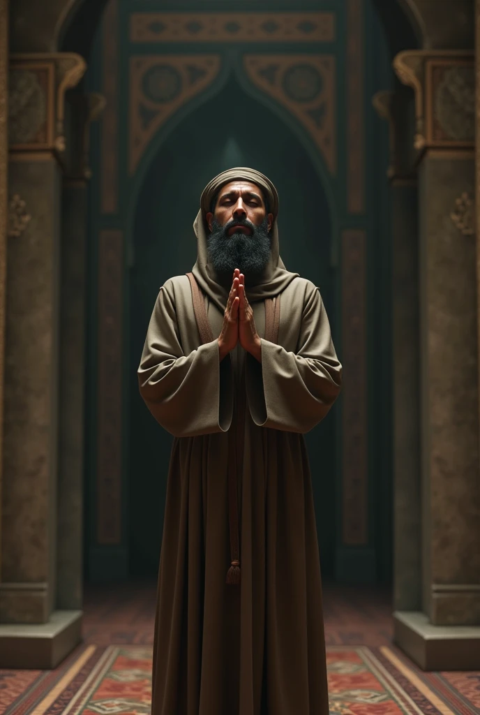 Sheikh beard parying rising both hands mosque hat