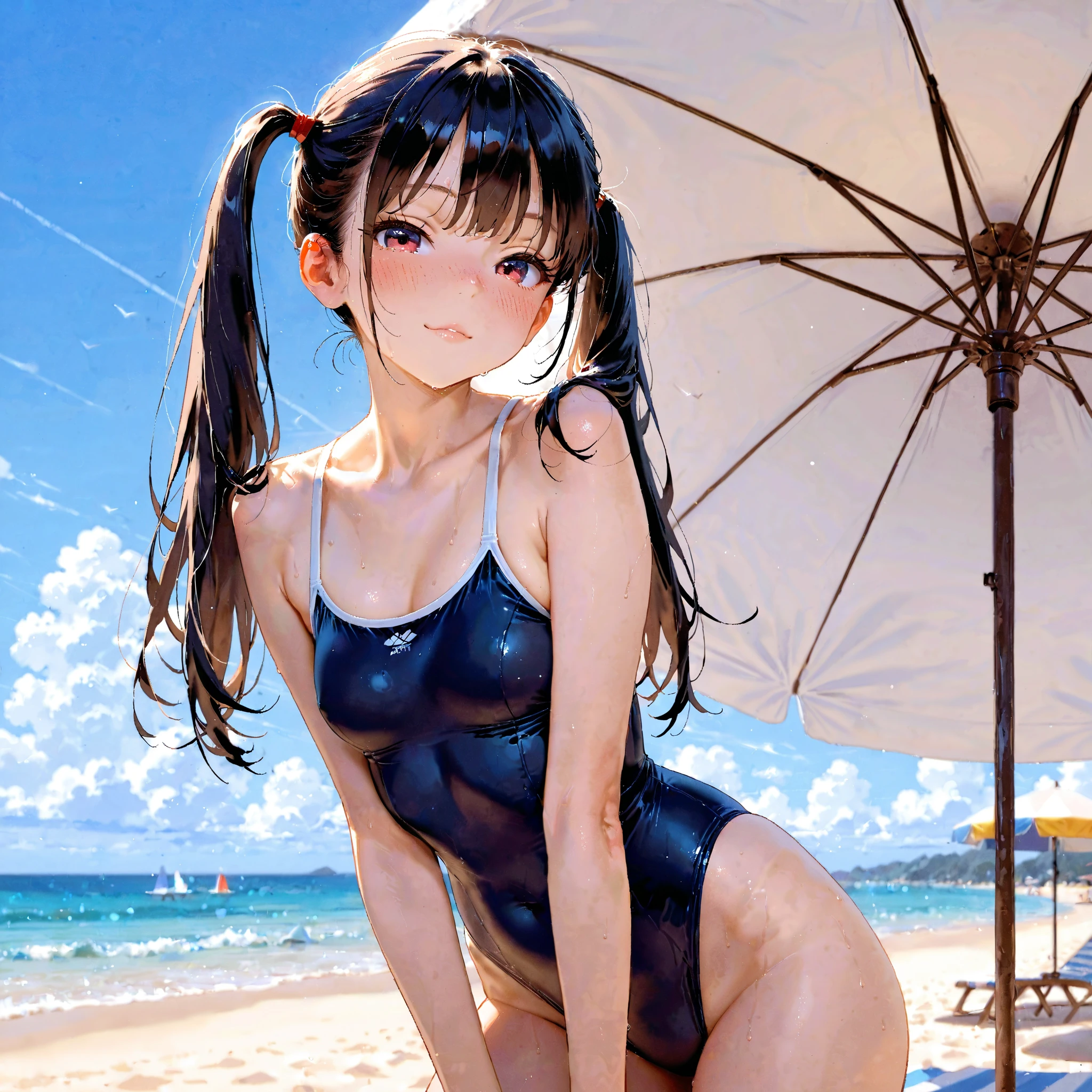 (Tabletop:1.2), (Highest quality:1.2), Beautiful artwork,(Extreme detail CG Unity), (8k wallpaper)、(Exquisite lighting and shadows)、(A very dramatic picture)、(Cinematic lens effects)、 age girl on the beach,(ピッタリのスクールwater着), One Girl, (食い込むスクールwater着:1.5), Sideboob、Protruding pussy、alone, ワンピースwater着, Outdoor, Long Hair, Wet, Covered navel, water, Black Hair, (Big smile), (Brown eyes), Small breasts, (Wet:1.1),(straggling hair:1.2), (water着が濡れて肌が透けている),(Strong sunlight),(Lens flare:1.1),(Sweat),(running:1.2),Black Hair,(Twist the waist:1.1),peace sign,(Tilt Head 1.1),(Big smile),Beautiful attention to detail,(cum in pussy:1.4)