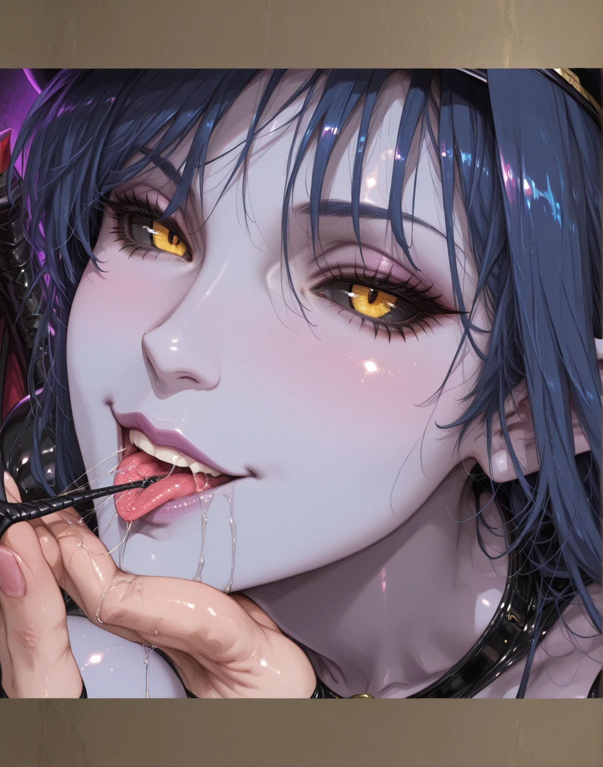 masterpiece, best quality, <lora:banpaiakiraXL_ANI31_lokr_V3236:0.95> 1girl, solo, tongue, shuten douji \(fate\), purple eyes, tongue out, bangs, looking at viewer, makeup, black nails, short hair, purple hair, fang, portrait, nail polish, bob cut, eyeliner, close-up, oni horns, yellow background, eyeshadow, eyelashes, short eyebrows, fingernails, blunt bangs, open mouth, finger to mouth, thick eyebrows