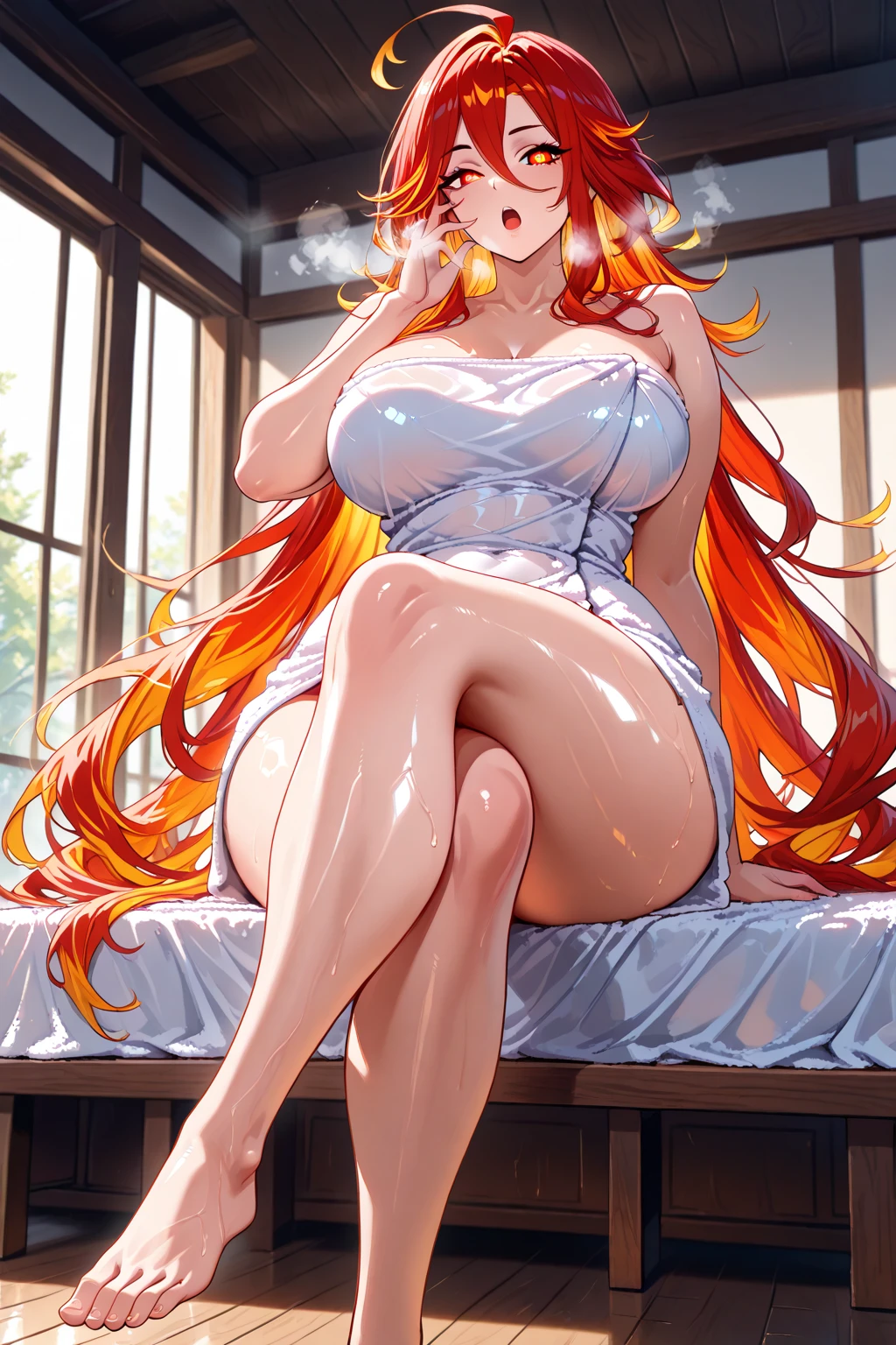 (1woman,curvy,petite,full body,beautiful breasts,gigantic breasts,pale skin,pointy breasts,),(long embroidered lace dress),((realistic:2,high resolution,best quality,masterpiece)),((extra long hair:1.5),blunt bangs,(extra light coppery red hair),Curl outward,hair over one eye),(nsfw,female masturbation,spread legs,Pissing,squatting),hotel room