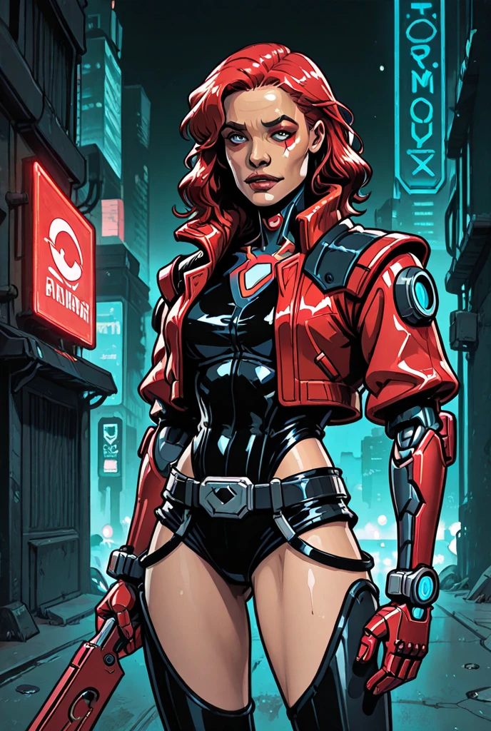 Dark_Fantasy,Cyberpunk,(chain saw,chain saw man,Red:1.1),1girl,Mechanical marvel,Robotic presence,Cybernetic guardian, wearing a worn-out mech suit, intricate, (steel metal [rusty]), elegant, clear focus, shot by greg rutkowski, soft lighting, vibrant colors, masterpiece, ((street)), cowboy shot, dynamic pose,