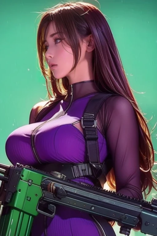 Young woman, long brown hair, heterohromia, left purple eye, right golden eye, turquoise cyberpunk top, leather jacket, skirt, open belly, open breasts, large breasts, smirk, tooth, fangs, claws, hiquality, 4k, HD, Good detail