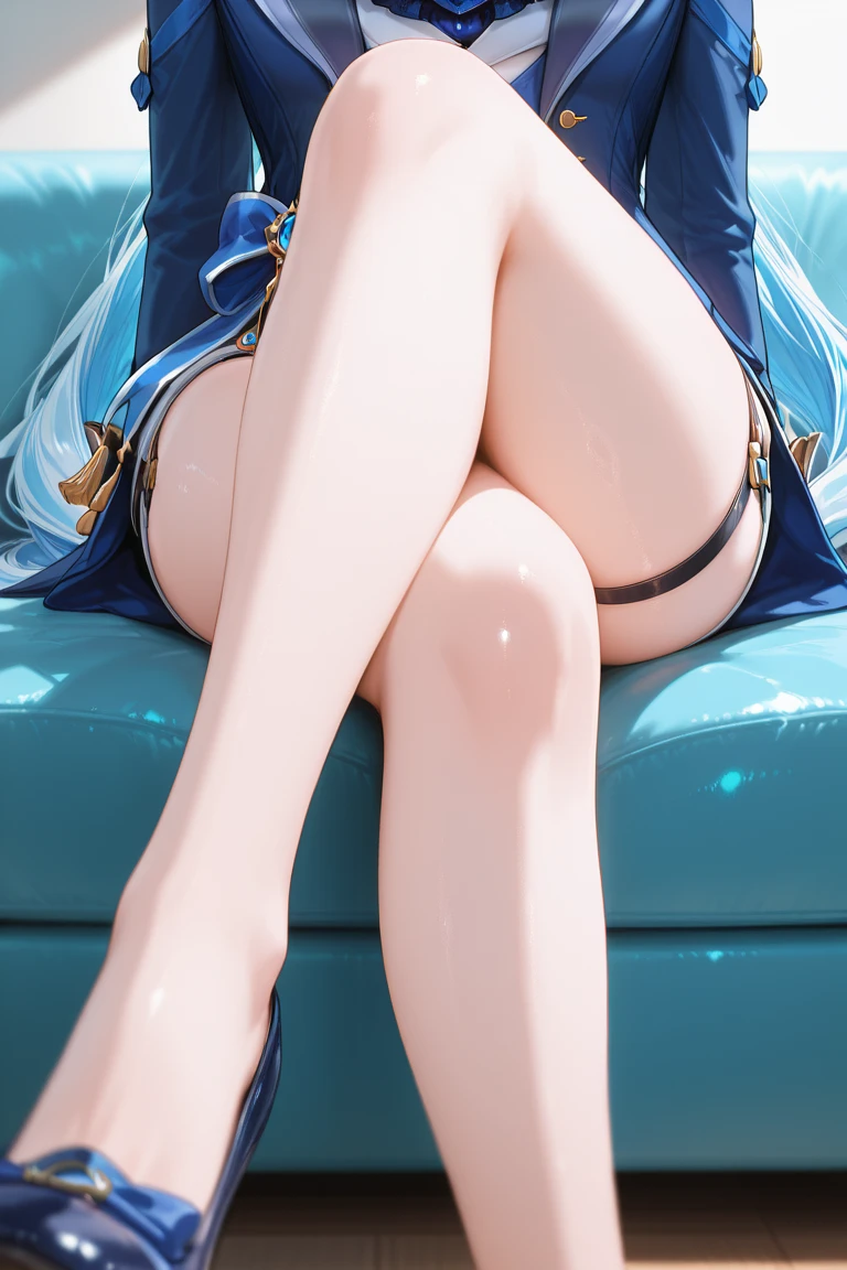 ((Shot in the knee)), ((From below)),A young girl, Wearing a skirt，At the bar, sit on the chair, Cross your legs, Posing elegantly, Detailed scenario, Messy long hair, Blush Blush, Beautiful slender legs, (Very high color saturation), details, Ultra Detailed, (masterpiece, Best quality), (Extremely exquisite and beautiful work), Delicate earrings, Exquisite necklace, Simple blur background, Extremely detailed description, Super Fine, Delicate face, slim body, Thin waist, (Grin), (Anatomically correct)，whole body，barefoot，Double tail，Colored hair，Blue and Pink Ombre Hair