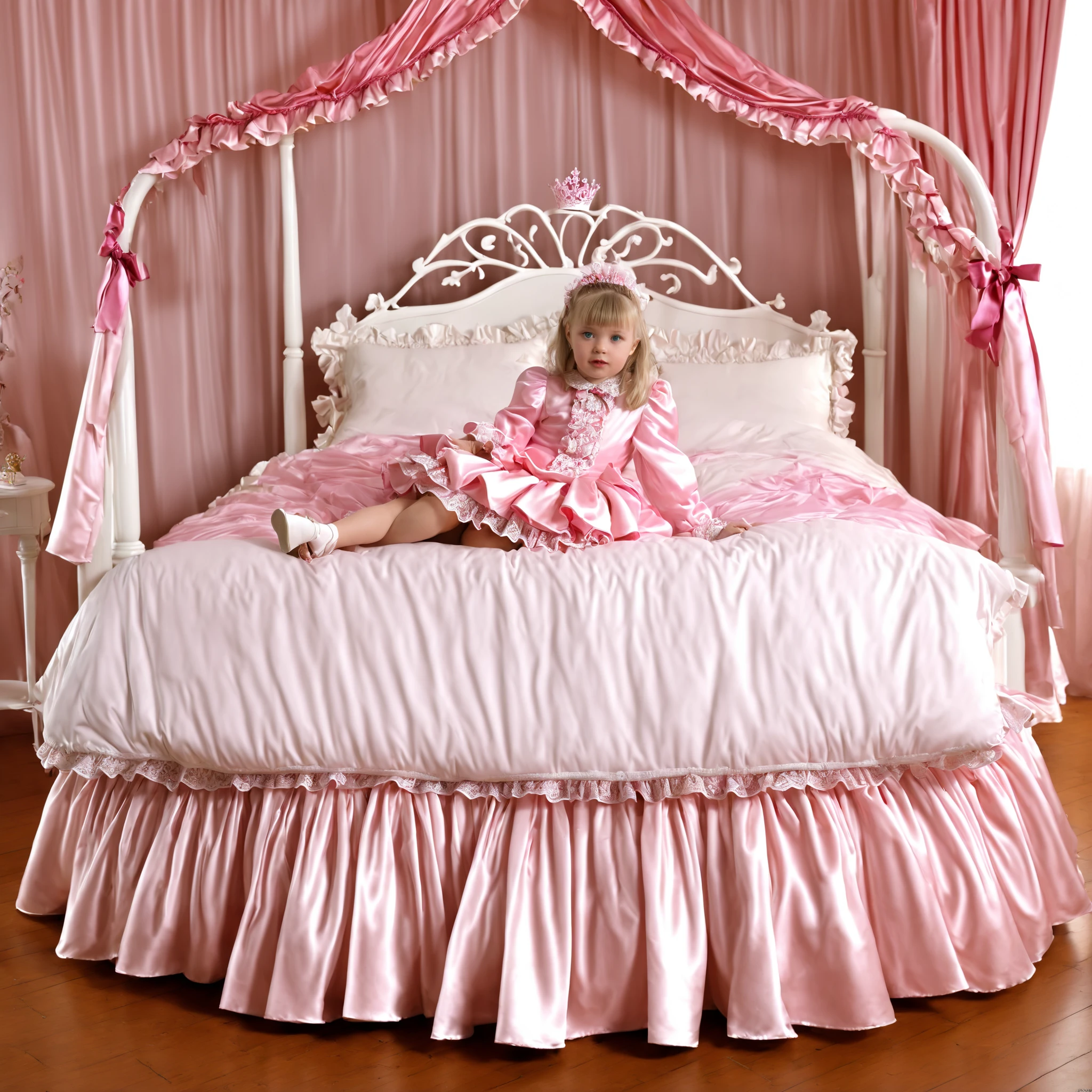 ((A cute girl on the bed:1.0)),((early age girl)),short body height,detailed baby face,small face,a pink silk satin frilled blouse and skirt,medium dress,detailed ribbons,detailed lace petticoat,long sleeves,frilled sleeves,, blue eyes, rolled long blond hear, a bed with a mountain of pink silk satin pillows,pink cute canopy bed,king size bed,more big bed,lot of pink silk satin frilled plump qulited pillows,more pillows, ((A plump qulited pink silk satin soft devet)),devet decorated ribbons, ruffles lace silk.retro white pipe bed frame, realistic,((Out of frame bigger king size bed:1.4)),frilled silk satin curtains,