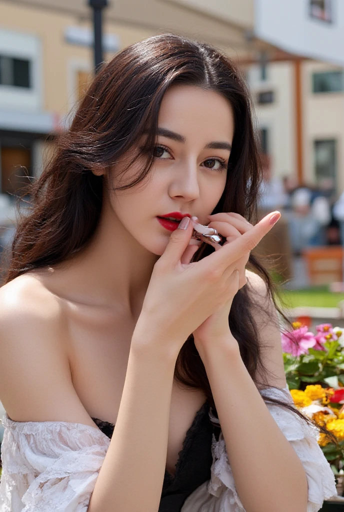 (detailed, masterpiece, intricate) (mime) girl, hands up, palms out, breasts against glass, surprised expression, (mime makeup), outside, on street, european city sidewalk,