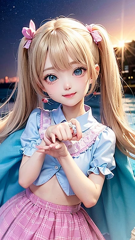 (highest quality, masterpiece), One girl, Twin tails、Pause, particle, Wind, flower, Upper Body, Simple Background, View your viewers, , Milky Way,smile、Turquoise eyes、（Silver Long Hair）、cute、Twin taililky way、Crescent Moon、、((flower柄、Semi-transparent sailor suit、Her breasts are visible through her eyes.、Stylish lace mini skirt,Translucent swimsuit))、