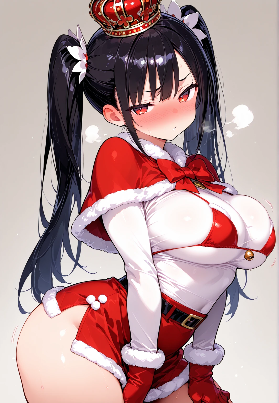 1 girl, bangs, black hair, black socks, knee-highs, long hair, medium breasts, lips, reclining, standing, tights, ((women's Christmas outfit)), ((red and white outfit)), thick legs, thick thighs, white background