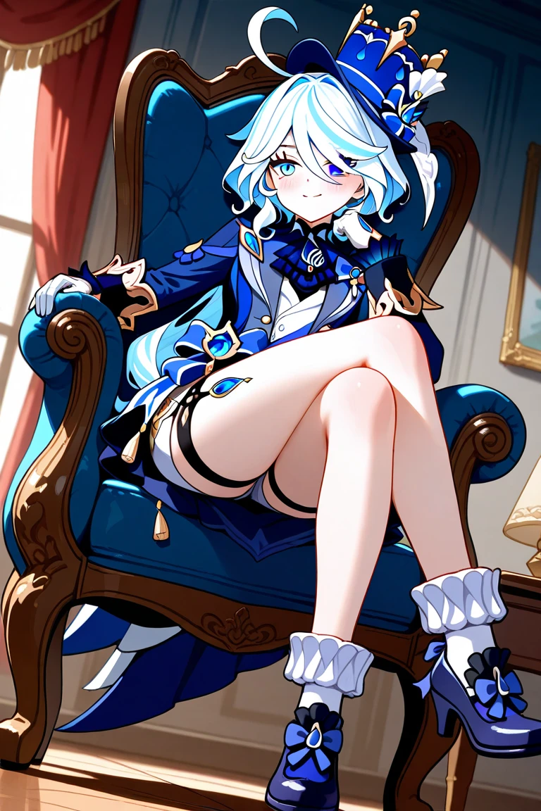 (extremely detailed CG:1.4), (best quality:1.3), cowboy shot, 1girl, focalors, smile, long hair, perfect face, bright pupils, lustrous skin, (finely detailed beautiful eyes), small breasts, sitting, crossed legs, White thighhighs, white gloves, white shorts, thigh strap, hat, (Palace:1.5), (waterfall:1.3), sunlight,