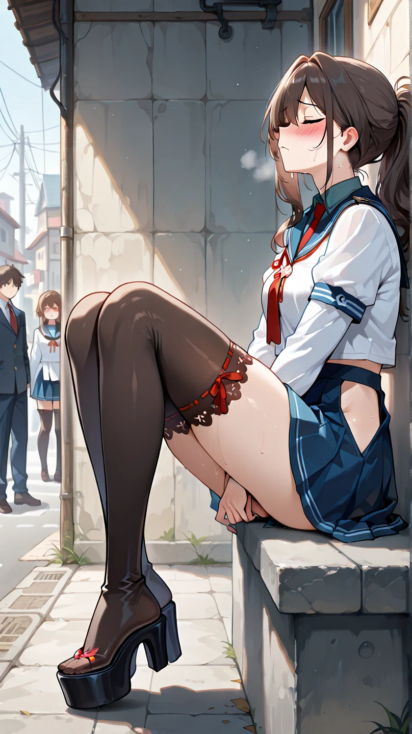 score_9, score_8_up, score_7_up,source_anime, masterpiece,(best quality, ultra-detailed:1.6),(ultra high res:1.4),super fine ( watercolor),(sharp focus),(insanely detailed:1.3),(detailed face:1.1),(perfect anatomy),ultra-detailed animation, very aesthetic, intricate, delicate (illustration),(cute face:1.1),(cute body:1.1),1girl,solo,looking at viewer,
low twintails, black hair, blue eyes,round glasses,strawberry pattern print panties,smile,surprise, blush, wavy mouth,
school uniform, blazer, brown blazer, wheat colored blazer, modern style with fitted jacket, short skirt, red skirt, pleated skirt, loafer, dark brown leather,paired with knee-high socks,school bag,
(run down the stairs:1.1), (from below:1.3), (from front), panty focus, cameltoe,