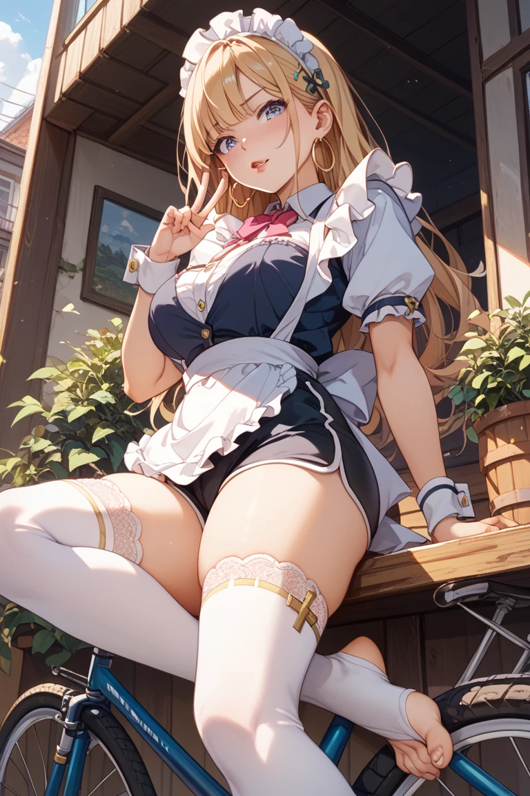 One Woman、One Man、The man is looking up her skirt、Beauty、Cafe、Cafe屋の制服、淫乱Cafe店員、Cafe店員、Age 25、Tight Skirt、Large number of customers、Looking down at the viewer, ponytail, Highest quality, Focus on the thighs, smile, garter belt、panties、Plump thighs、Big Ass、Big ,My thighs are steaming between the legs 、Sweaty knee-high socks、Angle from directly below、Waiting for Obon、Coffee cup on the tray、男にpantiesを見せる、男にpantiesを触られる、Having your crotch touched