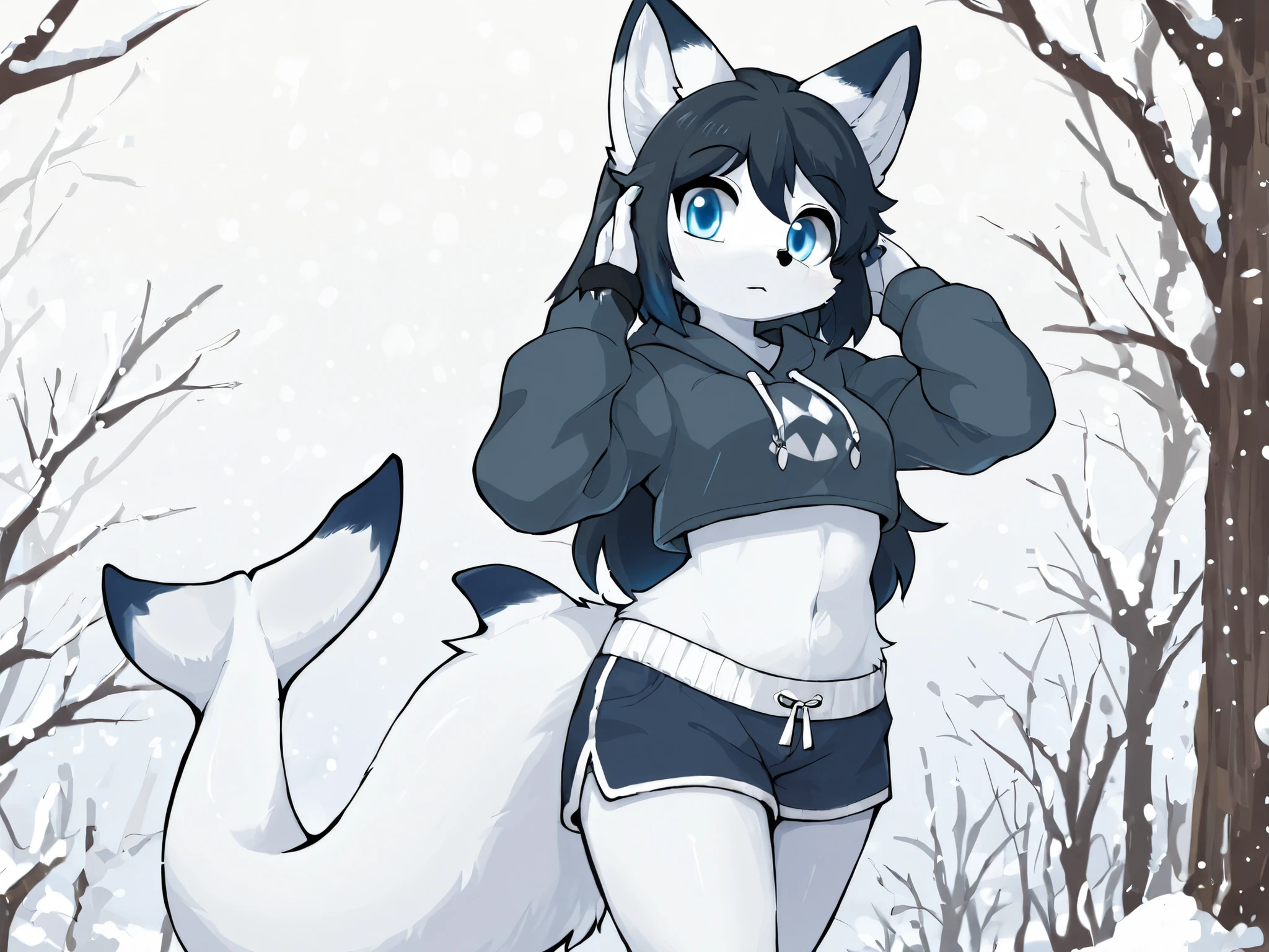 A female dog with extremely wide hips, extremely humongous thighs, extremely humongous ass, extremely humongous breasts, Huge tits, huge pussy, black tit and pussy highlights, skinny, small giantess, white hair, white fur, white body, pure white body, dripping, black sclera and pure white iris with pure white pupils. eight pure White tentacles attached to her back. wearing a Black crop top hoodie, and super thin black panties. standing in the water at a beach next to the dock, her eight tentacles going from her back to the water and rising out of the water.