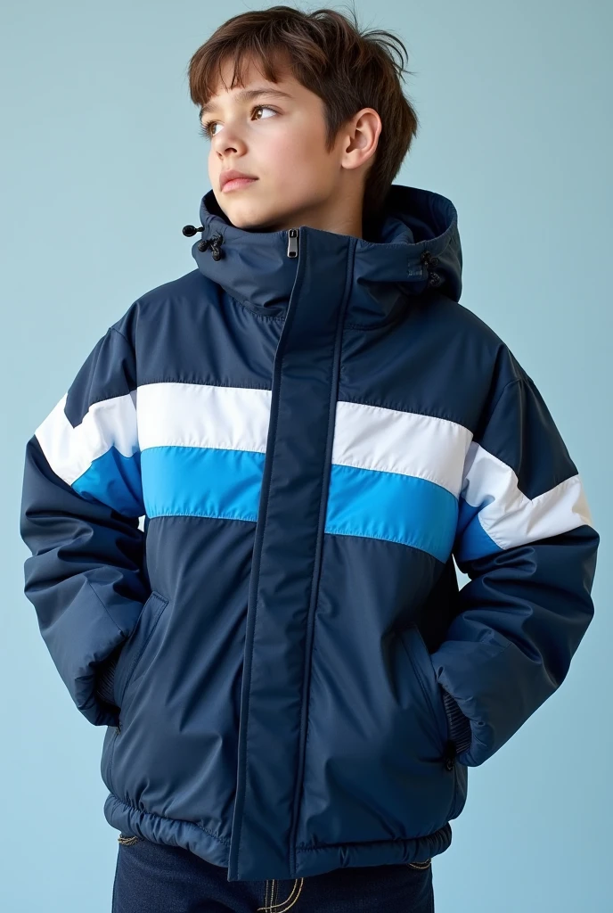 Do it in cartoon style, a 10 year old boy in a blue jacket