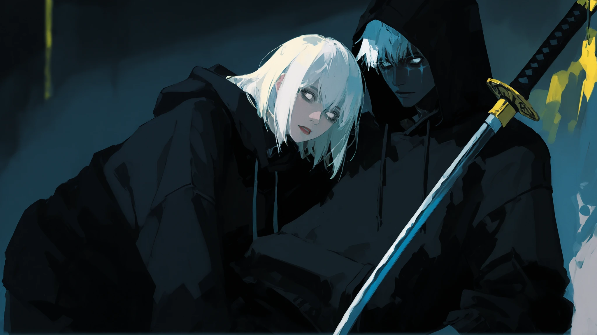 BLACK BOY WITH WHITE EYES AND WHITE HAIR AND BLACK HOODIE HOLDING A KATANA
AND FIGHTING A BLONDE GIRL WITH YELOW EYES
