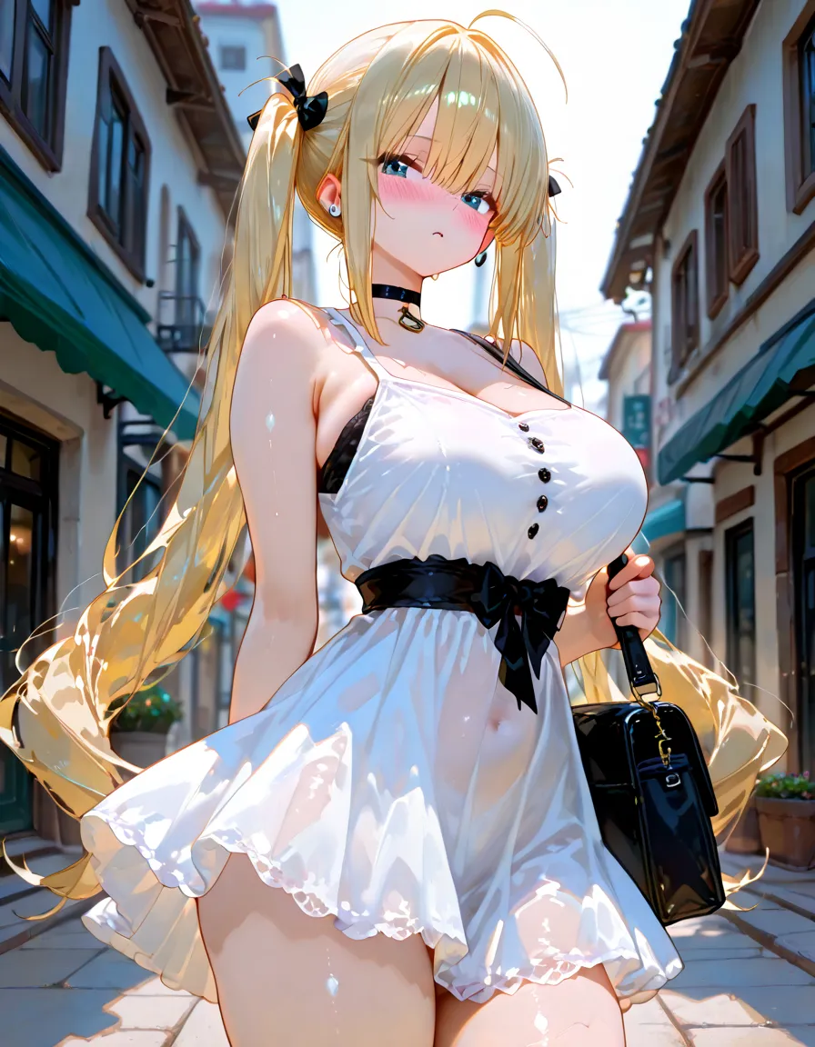 (8K, RAW photo, 最high quality, masterpiece:1.2), High-definition RAW color photo, Professional photo shoot, cinematic light, alone, (((young woman, gal))), (Sharp features), (small face), (high detail skin:1.2), clavicle, cute face, beautiful appearance, long eyelashes, (rainbow hair, greenいeye), beautiful breasts, (slim body shape:1.4), very detailed顔と肌の質感, 詳細なeye, double eyelid, 横eyeで見る, Place your hands behind your body, ((blonde, long bangs on one side, asymmetrical bangs, 片eyeが隠れる, wavy hair)), slender body, ((open your mouth and smile:1.2, 上eye遣い)), big breasts, normal hip joint, green_eye, cowboy shot, composition from above, (((White see-through dress long skirt:1.5, Wear a black bustier over top:1.5, Seductive thighs))), downtown at night, 見つめるeye, beautiful skin, shiny skin, perfect fingers, five fingers, anatomically correct, background bokeh, high quality, surreal, bright colors, ((very detailed, photo shoot)),
