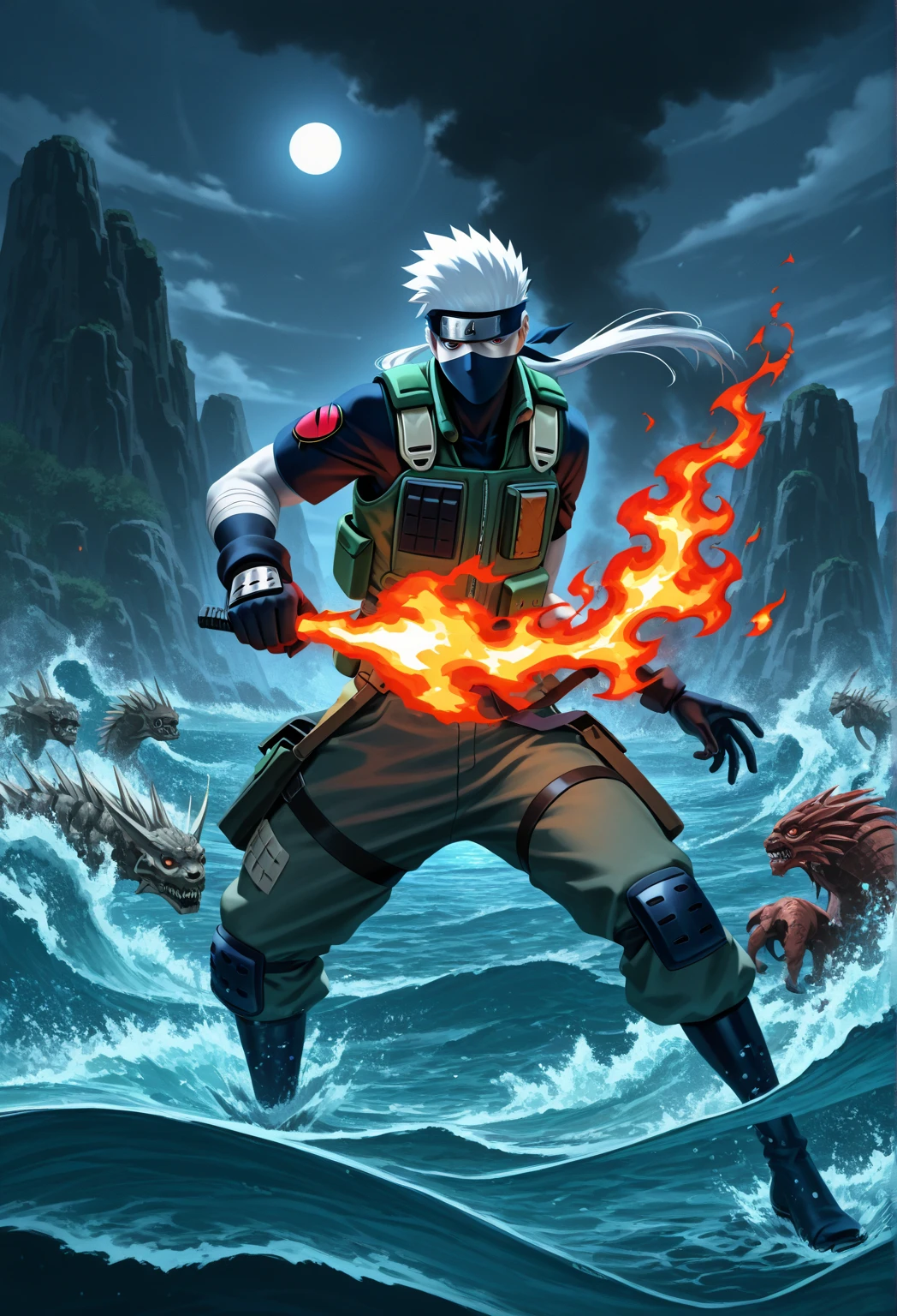 Blue Ninja human Axolotl man 18 years old power of magma with a katana of magma the body of naruto but blue hear with hes Axolotl with 3 teils