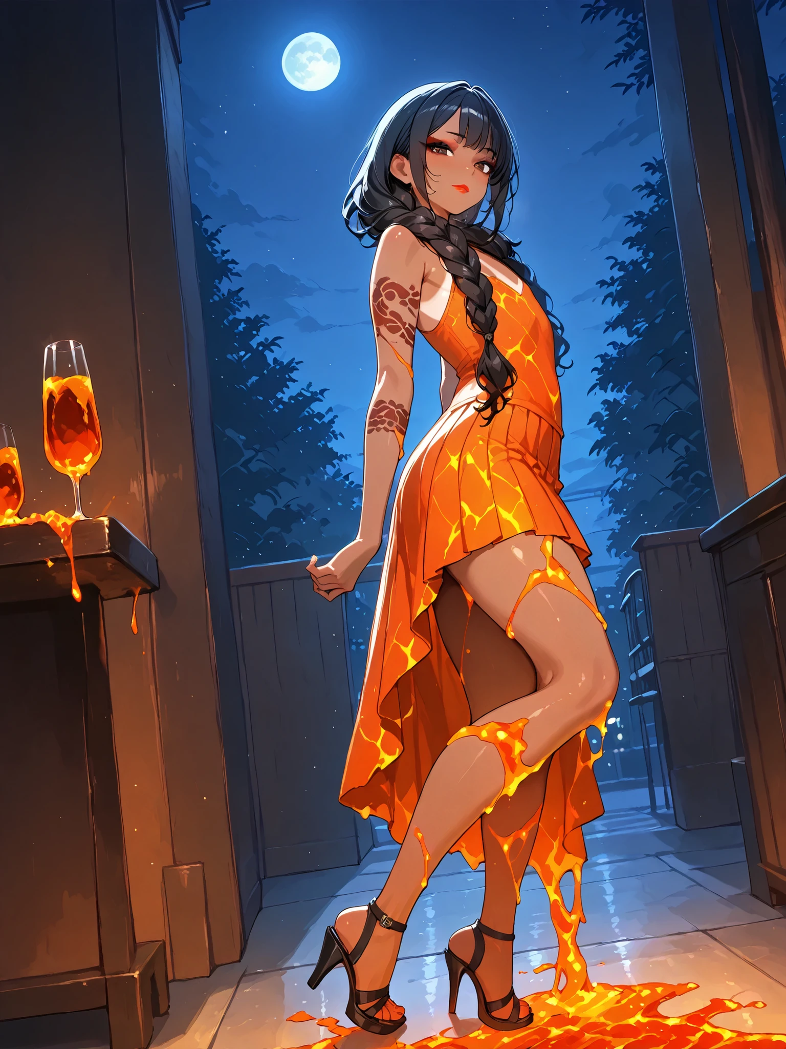 Otoko no ko, femboy, With a dress made of ember, lava clothes, pleated miniskirt. Sleeveless top. Flat chest, Brown_eyes, black eyeliner, red lipstick gloss, showing the whole body, mature features, black hair, long wavy hair, long braided ponytails, hair bangs, brown_skin color, skin tan. Clothes color white wine, sensual walking pose, looking at viewer, public_park background, night time, Long wavy hair. Passway, High quality. 4k, many details. Full body. Left arm tattoo, Cute smille, closed mouth. Makeup, highheel sandals, good contrast, near a buffet table, masterpiece, peoples around, moonlight, full moon, drinking a glass of lava