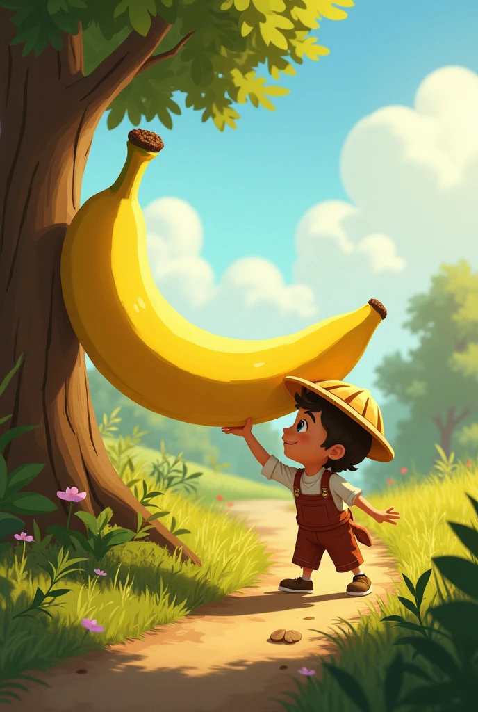 Create a black and white drawing type image ,that doesn't look realistic , about a farmer who picked up a banana from the ground and examined it . That they are easy to draw . Make bananas look more real , What you put looks like tubes and makes the man a little easier to draw. Make the man a little bigger, he looks like a child, and make the bananas all scattered.