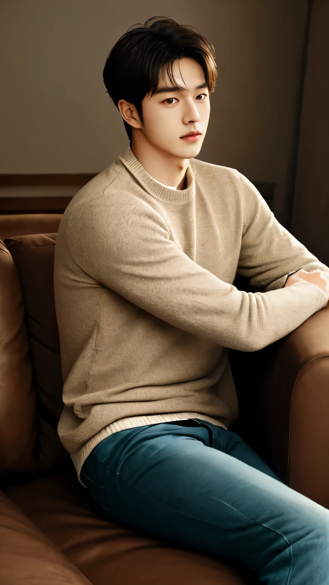 A handsome, tall tied hair Korean guy wearing a black sweater sitting in the bench park with a headphone on his neck 