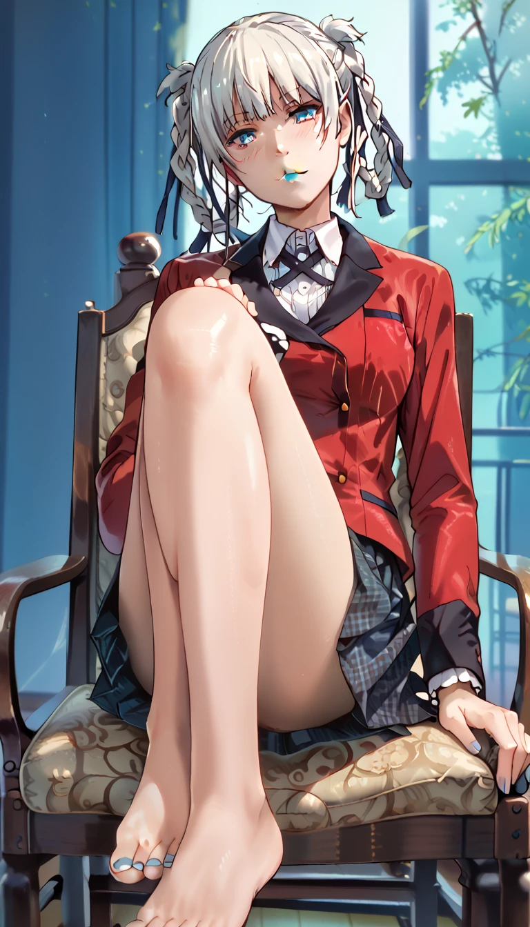 anime - (masterpiece), best quality, seductive eyes, cute face, dark purple eyes, short dark hair, high-school uniform , high-heels, tall woman, long legs, adult-like female, 1girl, big breast, school background
