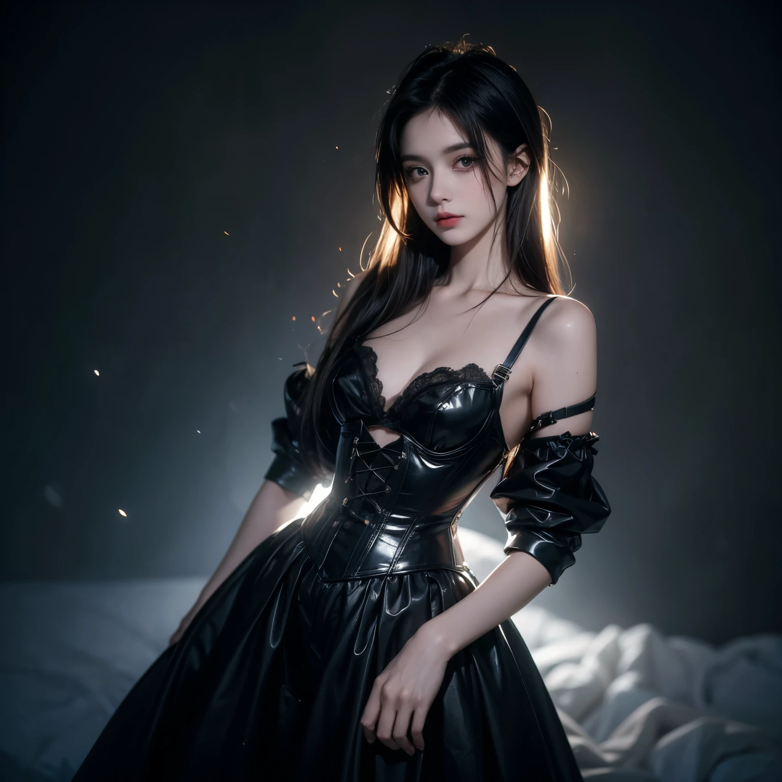 The highest image quality, pending details, ultra-high resolution, (真实感: 1.4), the best illustration, favor details, Highly condensed 1girl, with a delicate and beautiful face, Asian characteristics, long straight hair, Bblack hair, skin fair, eyes browns, lips, blush, breasts big, necklase, black gown, make-up, black eyeshadow, red lipgloss stick, A vampire, Grinning (best quality, ultra details, photorrealistic: 1.39), dark colours, studio lighting, romantic expression, seducer, dark scenery