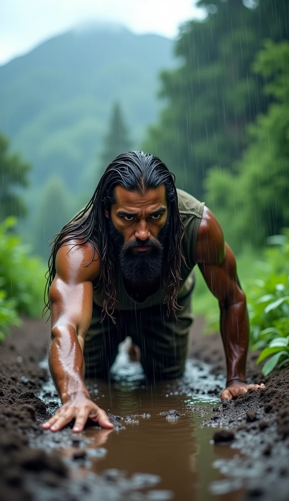 Strong, muscular, hairy, bearded young Bolivian man in a black thong walking on the beach with glasses on his face on the banks of a lagoon surrounded by greenery.