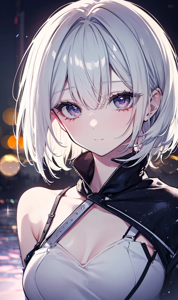 (masterpiece, best quality, ultra-detailed, best shadow), (detailed background,dark fantasy), (beautiful detailed face), high contrast, (best illumination, an extremely delicate and beautiful), ((cinematic light)), colorful, hyper detail, dramatic light, intricate details, (1girl, solo,white hair, sharp face,purple eyes, hair between eyes,dynamic angle), blood splatter, swirling black light around the character, depth of field,black light particles,(broken glass),magic circle,