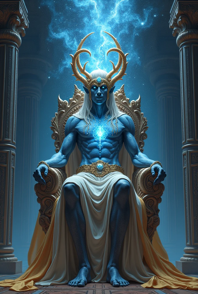 uma pintura de uma mulher sentada em um trono com um orbe brilhante, Deus da Lua, divindade masculina atraente, djinn human hybrid, djinn man male demon, Deus masculino bonito da morte, deusa. Detalhes extremamente altos, arte fantasia behance, male djinn man demon hybrid, Mito grego pintura digital, O Deus Hades, djinn azul