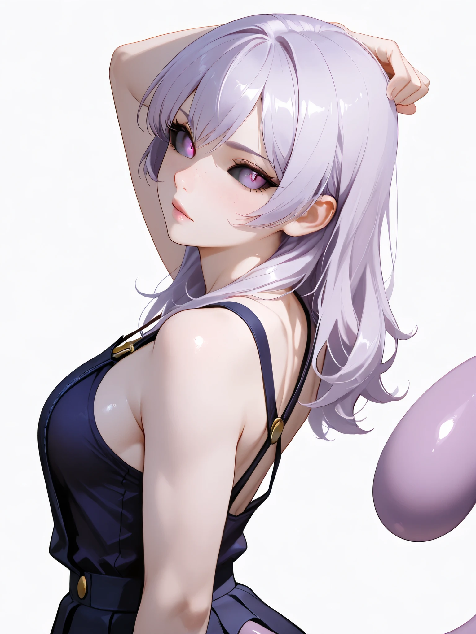 Masterpiece, best quality, 1 boy (Otoko no ko), femboy, large female breasts
Physical characteristics: A mystical trans woman, with an alien appearance (similar to Mewtwo), light purple eyes
with black sclera. Her entire body is the same color as Mewtwo.
She has elongated limbs, a slender body, and her freckles glow slightly, which adds to her supernatural beauty.
SKIN COLOR: Character with light purple skin (#C77DFF), light purple hair down to the middle of her back, curly with bangs covering part of her forehead, faint freckles on her cheeks, light violet eyes with dark purple pupils, slightly glossy lips; Overall, a purple-toned aesthetic, soft and vibrant shading, with a focus on soft and radiant purple tones throughout.
Art type: semi-realistic anime
Clothing: wearing a short skirt and a black top
Setting: white background
''
Pose: standing, facing the viewer, showing her tail
Facial expression: smiling with a "posh" expression
Ang3lauxes, bstl