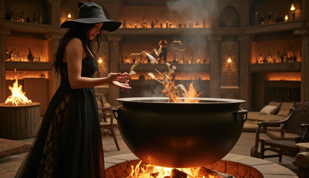 beautiful woman, brunette, nude, topless, laughing, tied hair, wearing long jeans, wearing gloves, mixing cauldron, cauldron, dungeon background, 