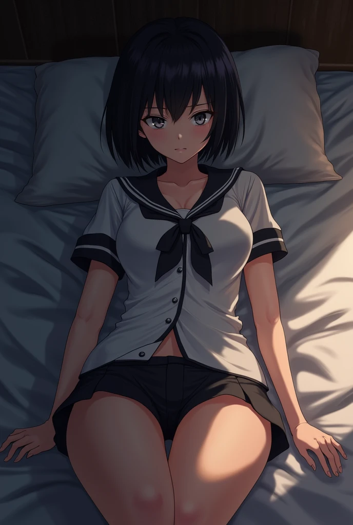 ((1man and 1girl lying in bed,having sex:1.1)),(missionary position:1.1,lying in bed:1.1,bird's eye view:1.2),(face to face:1.1),(vaginal huge penis:1.4),(rape:1.2),girl is (Elementary school student,short stature,(very beautiful girl),(dark skin:1.5),(sagging breast:1.2),(very short cut:1.2)(sailor uniform:1.2),(black hair),(white flower hairpin:1.2),(blank empty simple dark blue eyes,tear:1.4),(her eyes look dead:1.2,(((((expressionless:1.2))))),clear face:1.2,(((((empty eyes:1.2))))),There's no light in her eyes:1.2),(spread legs:1.4),(cum overflow:1.4),(cum on body:1.2),((tearful:1.25))