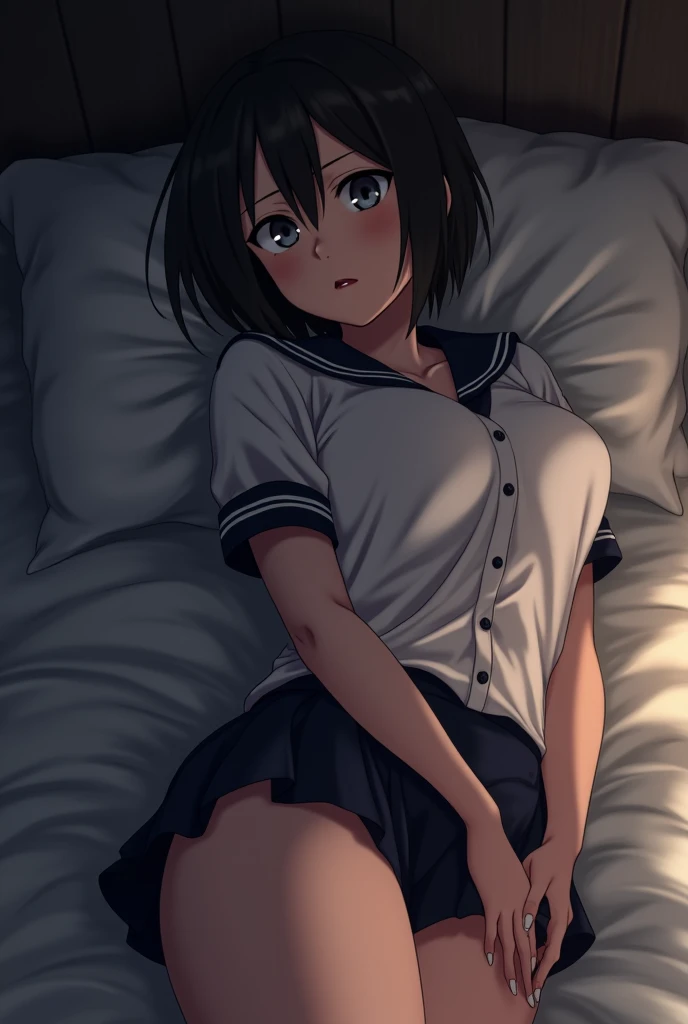 1girl, 1 short teen girl, slim body, my friend little sister, lying on bed, satisfied, double ponytail, black hair, school uniform, (creampied pussy), exhausted, sweat, after sex, 1boy, big cock, showing tits, panties on bed, condom, hand tied
