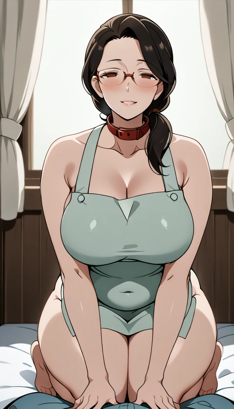 (NSFW), Misae Nohara, thick thighs, hourglass figure, half naked, sexy legs, Looking at the viewer with seductive eyes, Misae Nohara, exposed breasts, serious attitude eyes, hard nipples, hairy vagina, exposed vagina, closed mouth, best quality, highres, bbyorf, black eye pupils, brown black hair, gold earrings, large breasts, jewelry, off shoulder, red transparent sweater, sweater transparent dress, long sleeves, no panties, black stockings, kitchen, indoor