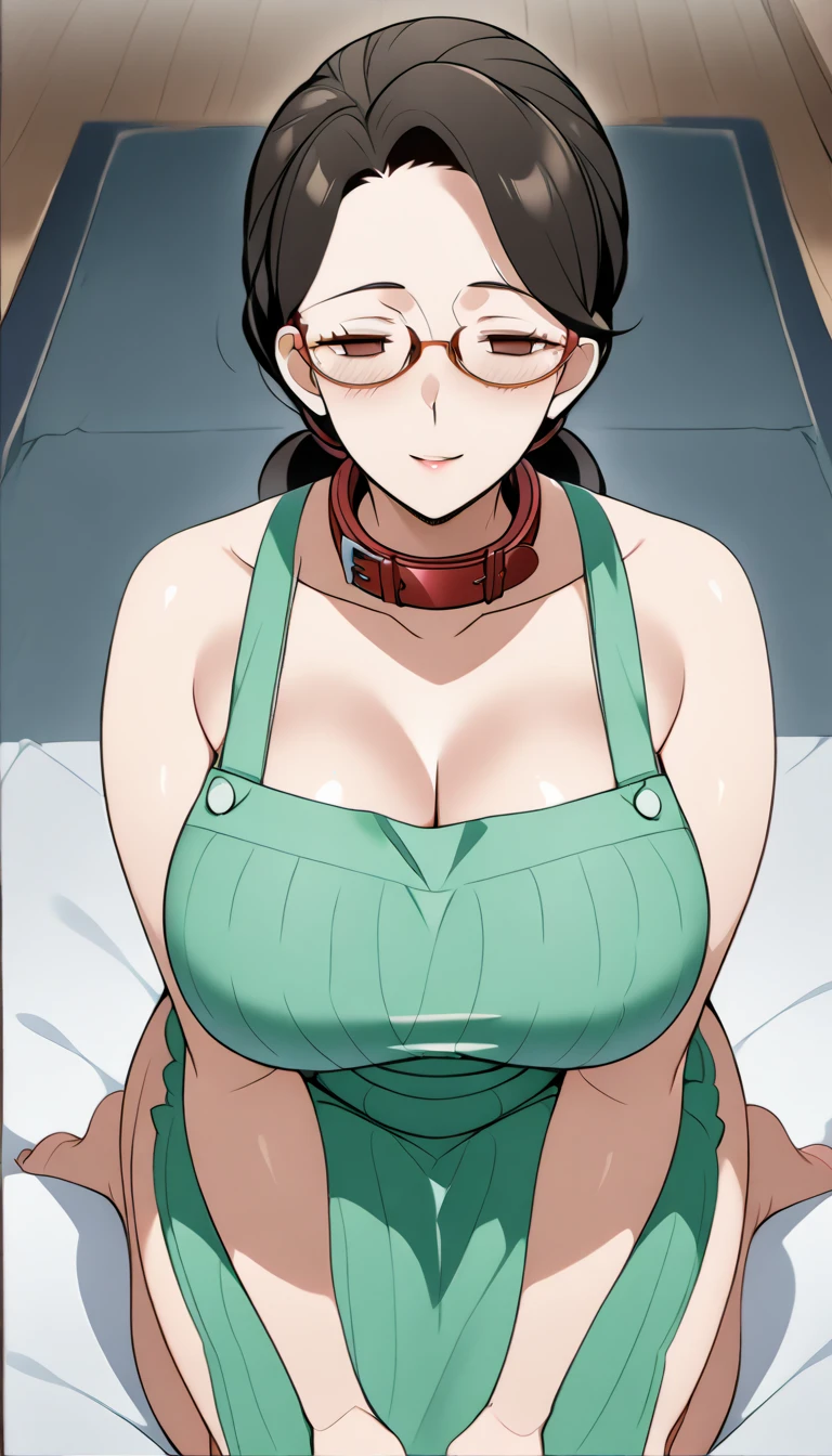 1 girl, Solo, ichika nakano, (white apron), big breasts, cleavage, thighs, brown background, (blush:1.2)