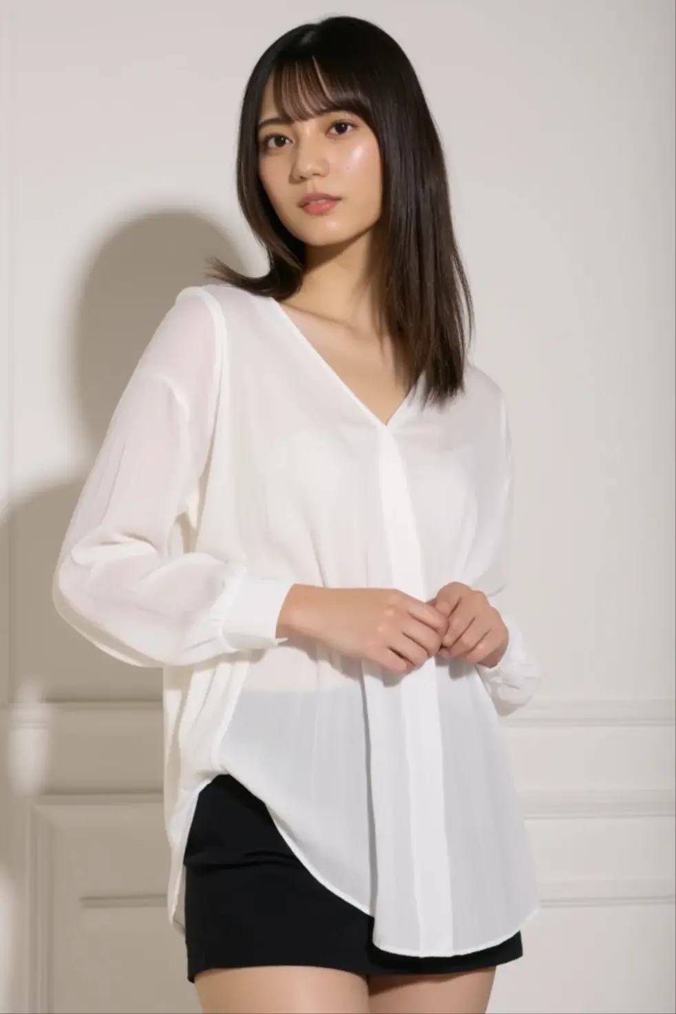 ((masterpiece,top-quality)), (photographrealistic:1.4),((masutepiece,8K)),hight resolution,Studio Soft Light, Rim Lights, vibrant detail, realistic skin textures,Japanese, 1 beautiful woman, short Hair, wave hair, faint thin bangs, make - up, 38 years old, Detailed skin, long-sleeve tunic blouse, wide-leg pants, Standing, White background, White Room,white walls, fully body photo, looking at viewer