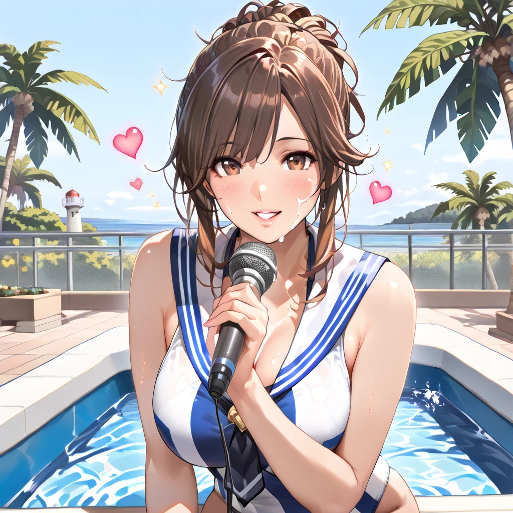 Watanabe曜（lovelive）、Black bikini swimsuit、Beautiful Sexy Bikini Swimwear、very, very large udder、Super big breasts、Black Microphone Bikini Swimsuit、blush, ((Very detailed)), (Perfectly detailed face), (Extremely elaborate hands),you_Watanabe、Ocean岸、summer、Ocean、blue sky、noon、A very, very blue sky、A big smile、A smile for your lover