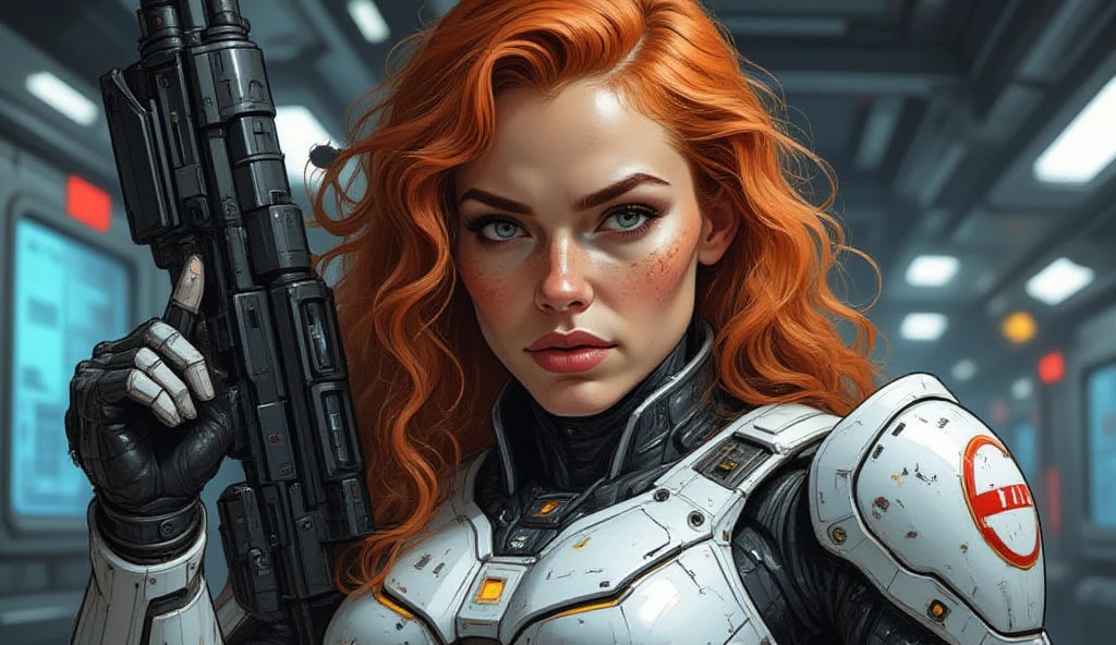 An illustration of a fierce character with fiery hair, in the style of Molecular, [lara croft:(princess peach:1.2):(zelda princess):panam palmer:samus:ciri:(jill valentine)], Al Capp, intense and powerful, photo-enhanced, cyberpunk genre, fiery red