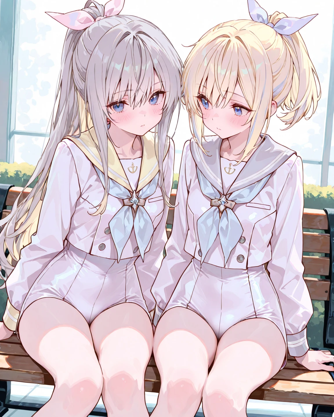 Anime girl1, long. Grey  hair, blue eyes, (hair blows to the left side perfect long bangs) Wearing a bright blonde vest, wearing a blonde hoodie vest,Using a blue jabot) head pose to the right without looking ahead, (Room background, open glass school windows, shiny tables)), clear photo frame of a beautiful woman, The right hand holds a flower stem with white petals that have withered, smiled, Hand holding a rectangular glass aquarium filled with purple flowers