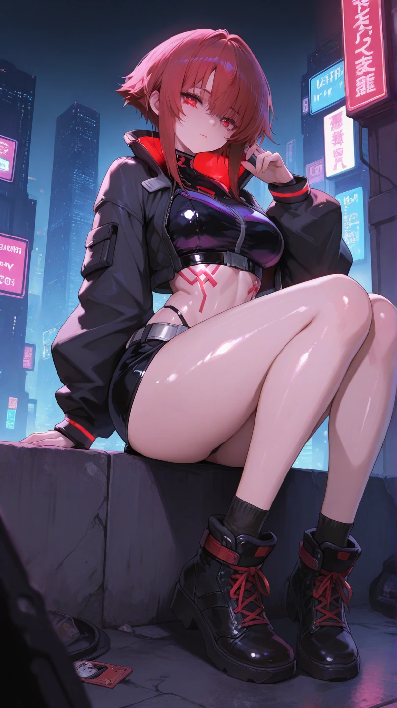 On the web Neon Street,one female,Long orange hair,Orange pupils,Broken hood,shorter pants,spread their legs,tattoo all over body