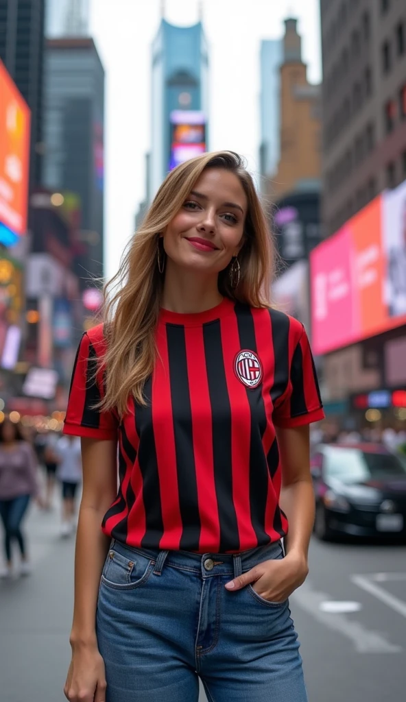 25 years old, a beautiful girl, an indonesian descent, an actress, outfit football jersey, black skinny jeans, with heels, smile, standing, beauty, photorealistic, street, likely, loveable, 8k, perspective