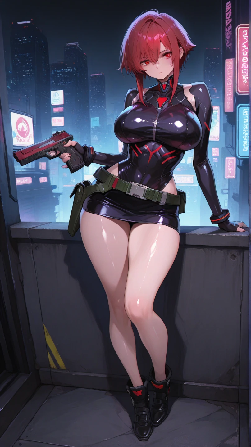 ((​masterpiece:1.4)、(top-quality:1.4)、(reallistic:1.7))、masuter piece:1.4、(Top-of-the-line rendering:1.4)、(Female SWAT member of the 73rd Division of the Space Federation:1.4)、Super beauty search officer、(by Luis Royo:1.4)、(hold a gun:1.2)、Body Fit Sexy Uniform、(Glossy luxury latex:1.4)、(Navy blue sleeveless uniform jacket)、(Underwear White Sexy Super Ultra Bikini)、(Luxury Red Latex:1.4)、(Red pleated mini skirt:1.4)、22year old、(Cute tattoos:1.4)、(Wearing white gloves)、Kawaii Girl、Super beauty、sharp focus、Portrait photos、(Perfect female body:1.4)、perfectly proportions、Upper body photography:1.4、Beautiful face、Fearless look、beautidful eyes、Narrow waist、beauty legs、(length hair:1.2)、Beautiful udder、large full breasts:1.2、Sexy ass、(Standing facing the front:1.4)、Raw photo、red-lips、Red high heels:1.4、a choker:1.4、a necklace:1.4、earrings:1.4、1 screen display、Beautiful night view of Cyberpunk City:1.2