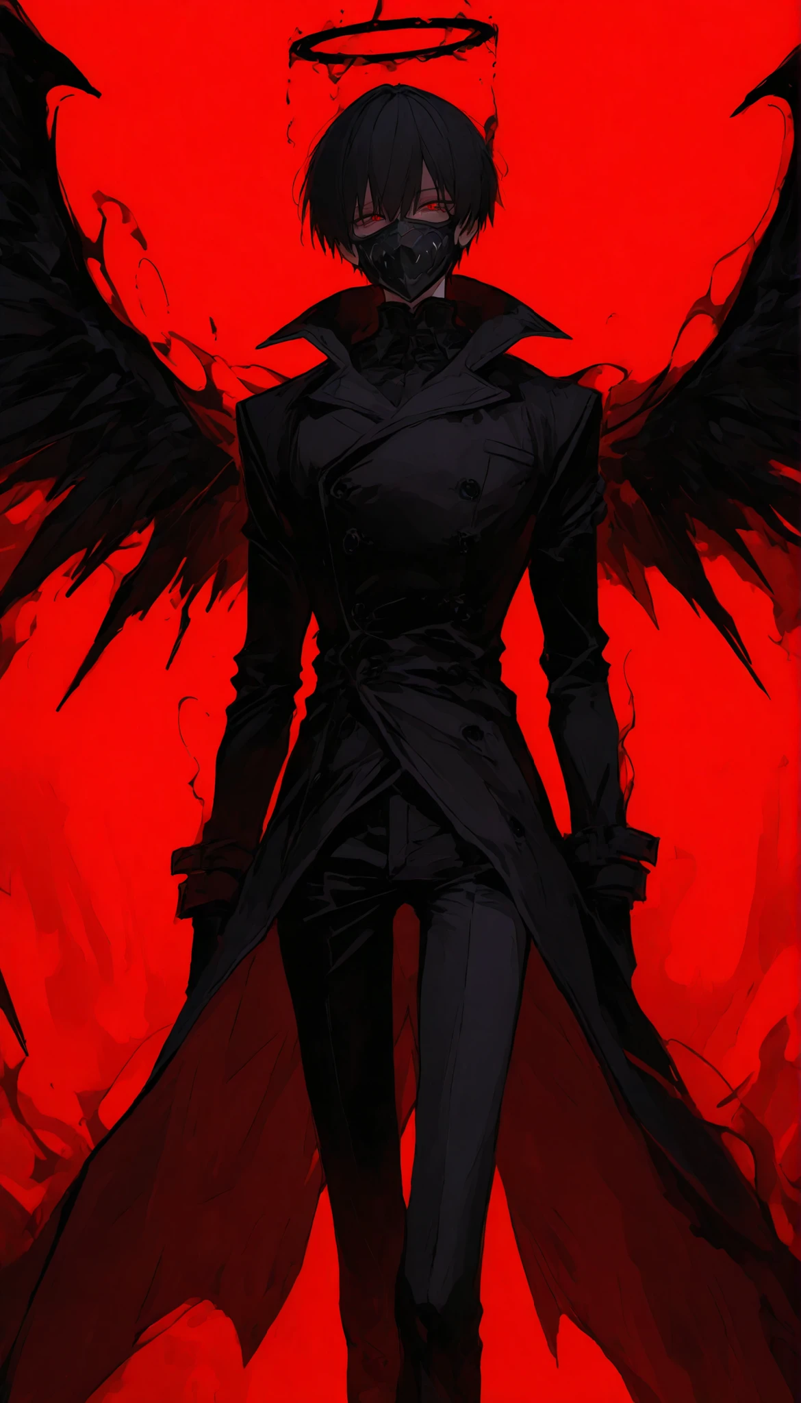 Male, Black hair,in red eyes,Black Coat,Black mask,red background,Black Halo ,Fanged Face,, distorted ,Slim legs, black pants ,Black Winged Aura,