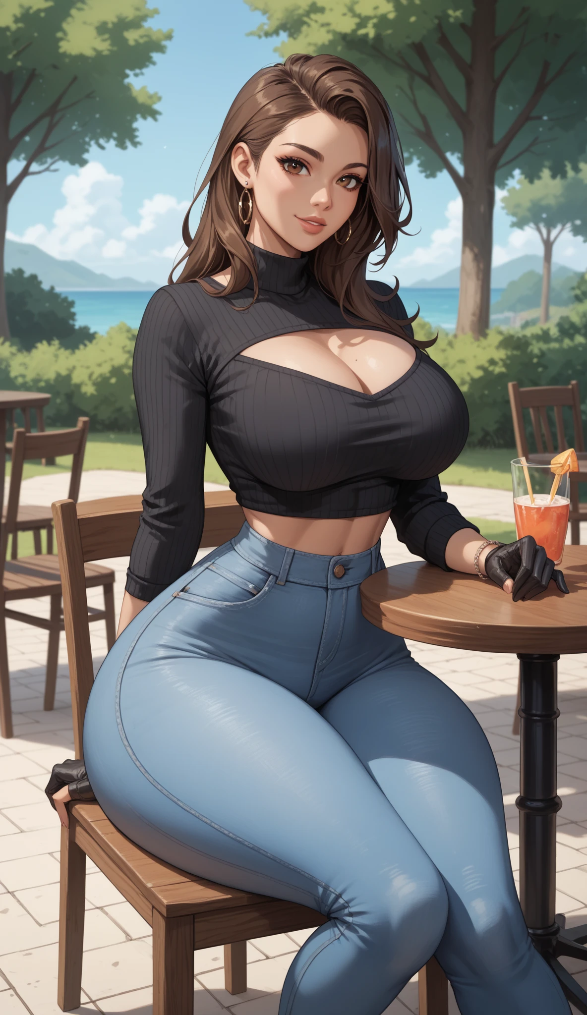 Masterpiece, Best Quality, (((Solo mature woman Janet))), (((Brown hair))), Ponytail, (((wide hips))), (((aqua green eyes))), full lips, seductive smile, cleavage, standing, outdoors, blushing, , "beautiful mature face" , age30 , MILF , adult ((tight jeans, top with thin straps),,bare shoulder, ((Sexual suggestiveness)), perfect beautiful eyes, detailed eyes. thick lips, ((big boobs)), (Thick thighs)