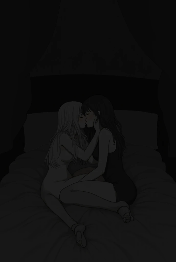 rating_explicit, beautyful 2 woman, 1 mature japanese woman, slim body, slender body, big long fringe black hair, black lipstick, naked, natural breasts, black chocker, milf, tattooed, black tattoos, lying in bed, mature like, sensualizing, medium breasts, night, cowgirl sex, by 1 white hair russian woman, lesbian, silhouette, dark light, hard shadows