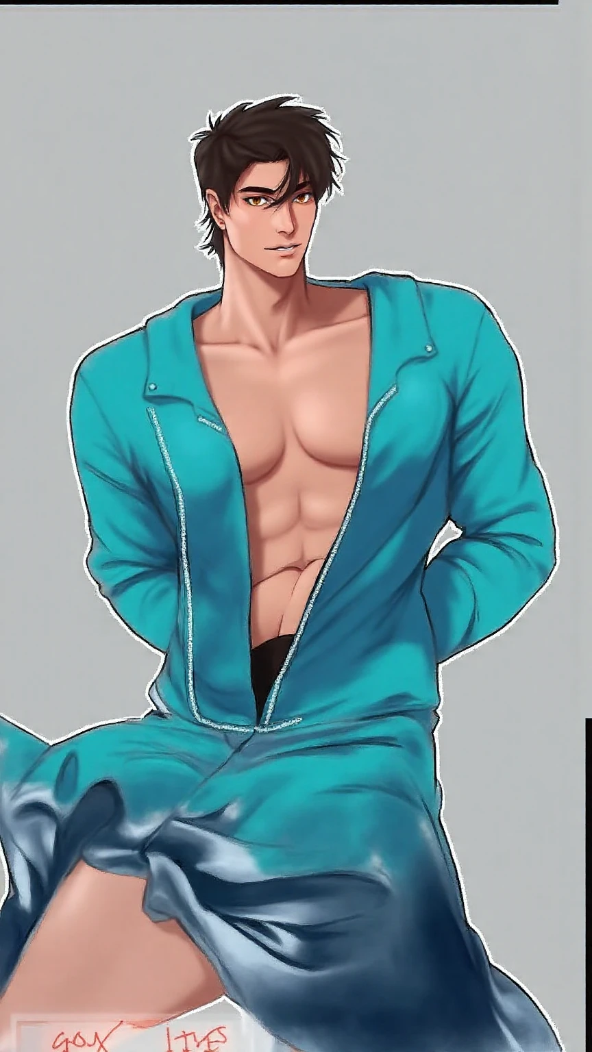 Masterpiece, high quality, best quality, HD, realistic, perfect lighting, detailed body, 1 man, short dark blue hair, wearing open vest and thong, calm expression, leaning against a wall on a street, wearing earrings, bracelet and necklace,