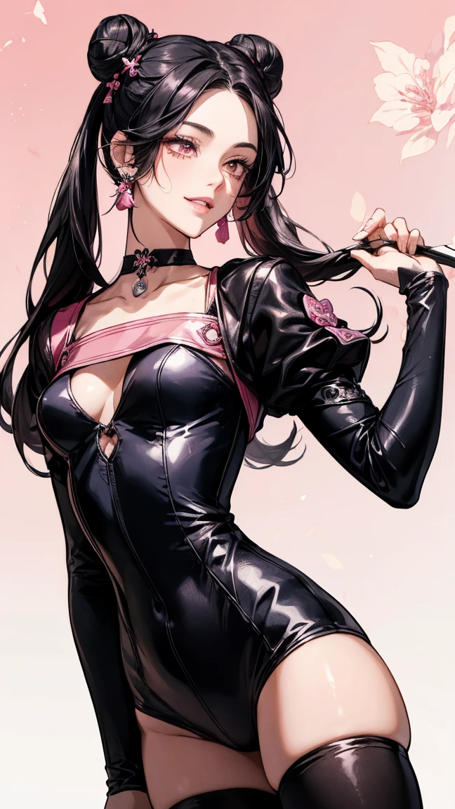 Realistic, 1 girl, black hair lustrous, long hair to waist, dark eyes, shining eyes, thin eyebrows, wearing a translucent light pink dress, one piece chest zipper, light pink waist dress tied tie, parted lips. Blush light pink, light blue background, left lighting, right side-to-eye, left hand and mouth opening, wearing a flounder dress