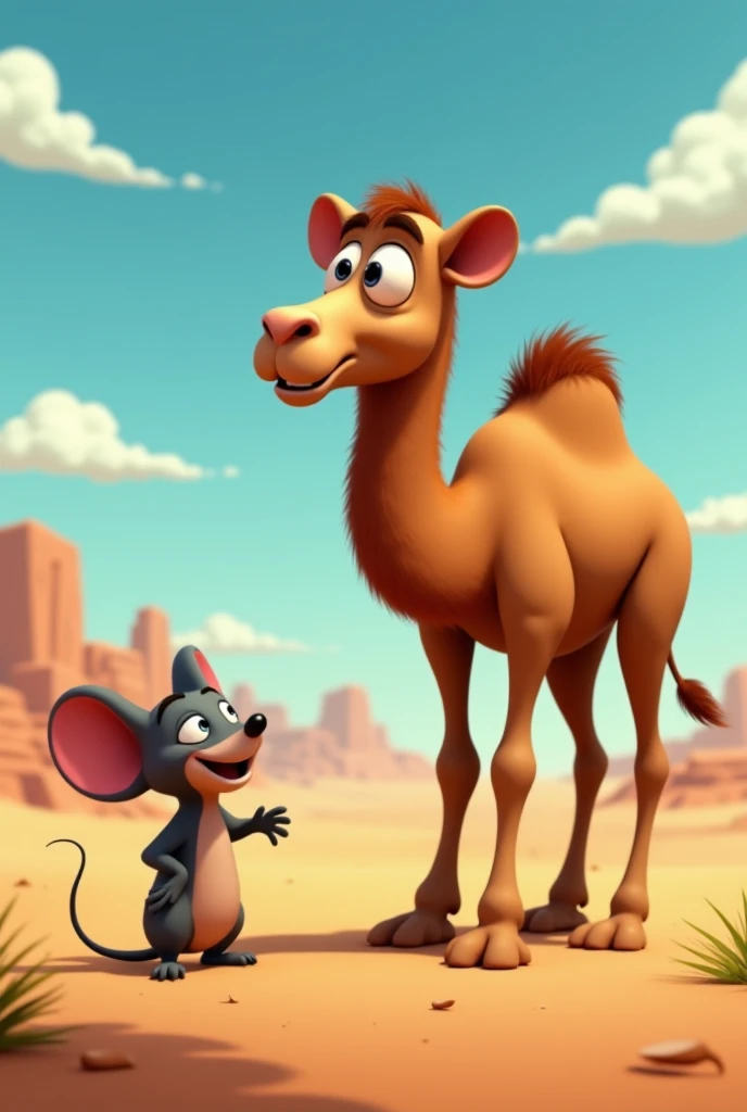create a Pixar style drawing/Disney of a cross-eyed camel with its tongue hanging out in a scorching desert with lots of rain around orange monkeys eating ice cream