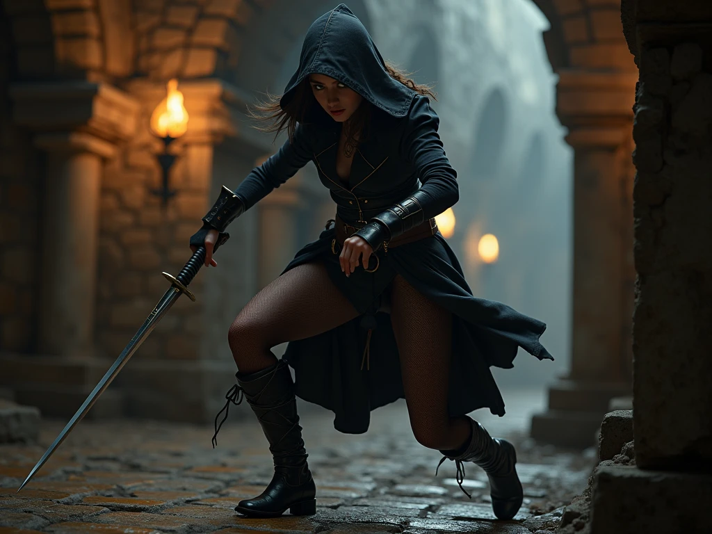 RavenTT, navy blue cloak, collant preto, brooch, waist belt, shes alone, Panas, darkness background, face detailed, detailedeyes, detailed hands, layer, fitted clothing, body skinny, cinematic light, 8k, side camera, gazing at viewer