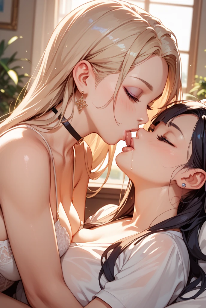 Two Women Masturbating for the Camera, totally naked and very wet, looking to the camera, they are kissing