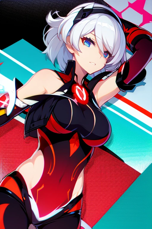 1girl, white hair, very short hair, red bodysuit, bodysuit, green eyes, futuristic, machinery, science-fiction, huge breasts, toned, breasts, thick thighs, smile, thighhighs, black thighhighs, ((black thighhighs)), neon trim, neon, neon lights, ((red bodysuit)), mature female, pantyhose