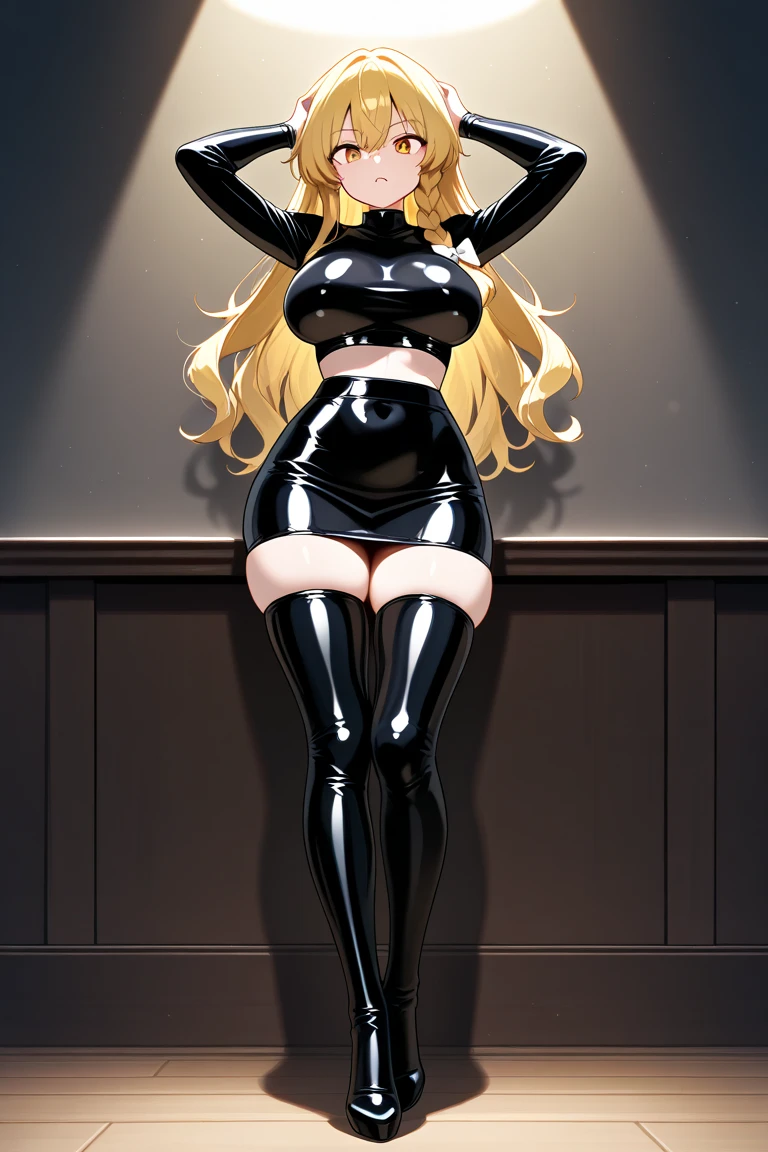 (masterpiece), detailed illustration, dynamic angle, ultra-detailed, illustration, 1girl, teen, (long blonde hair), green eyes, bright eyes, (extremely detailed eyes:1.37), medium breasts, cleavage, nice thighs, toned body, athletic body, (short tight leather dress), (thigh high leather boots), modern bedroom, luxury condo, smirking, evil, mean, malicious